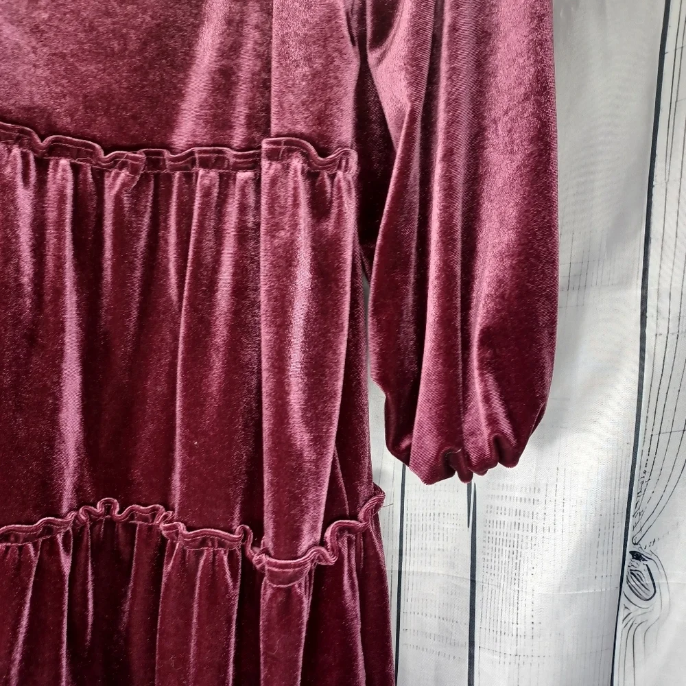 Betsey Johnson V-neck Mini Velvet Long Sleeve Dress in Burgundy - Picture 11 of 13